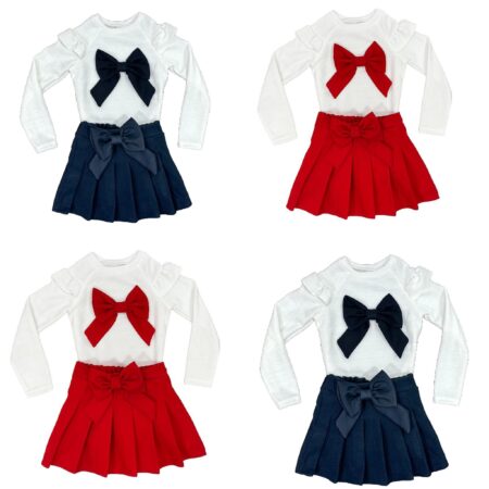 Kids Long Sleeve Bow & Pleated Skirt Set