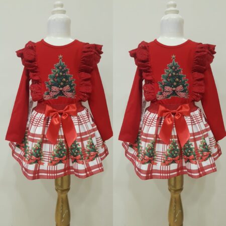 Neon Red Christmas Tree With Baubles Skirt Set